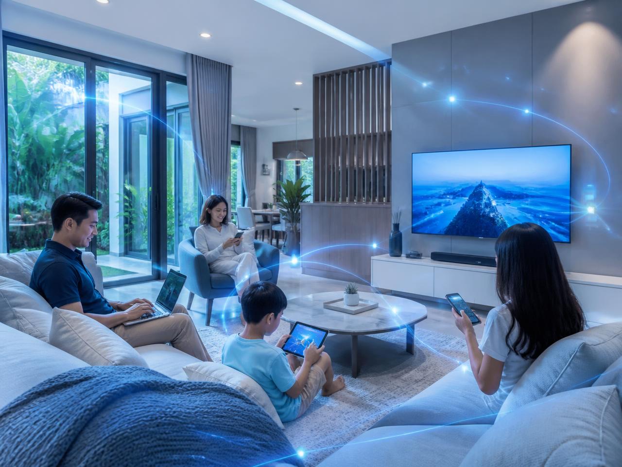 Keluarga menggunakan laptop, tablet, dan smart TV dengan koneksi internet fiber XL SATU di rumah